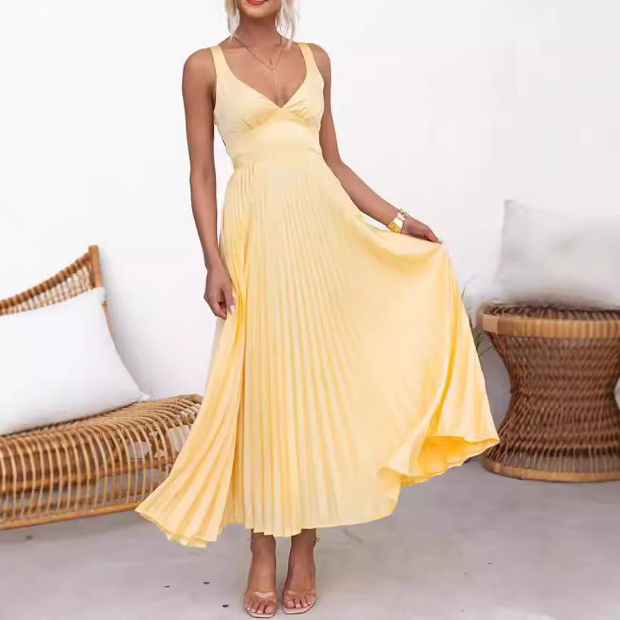 Viviana - Stijlvolle Gele Plissé Maxi Jurk voor Dames - Ideale Zomeroutfit voor Feestelijke en Casual Gelegenheden