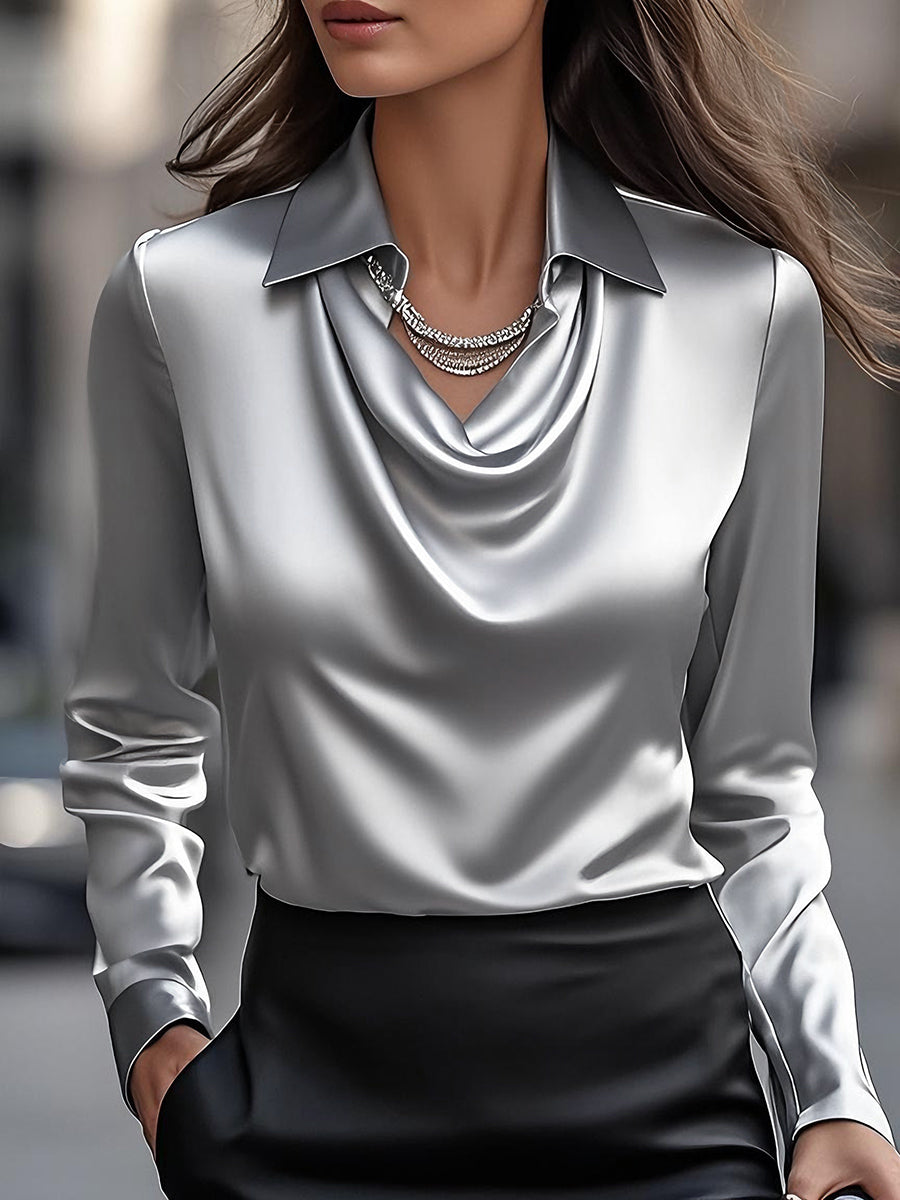 Lunara – Witte satijnen blouse met watervalhals voor dames