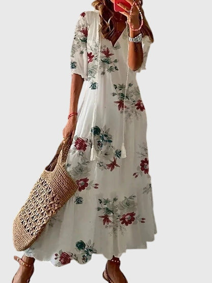 Dames boho maxi jurk met V-hals en vintage print
