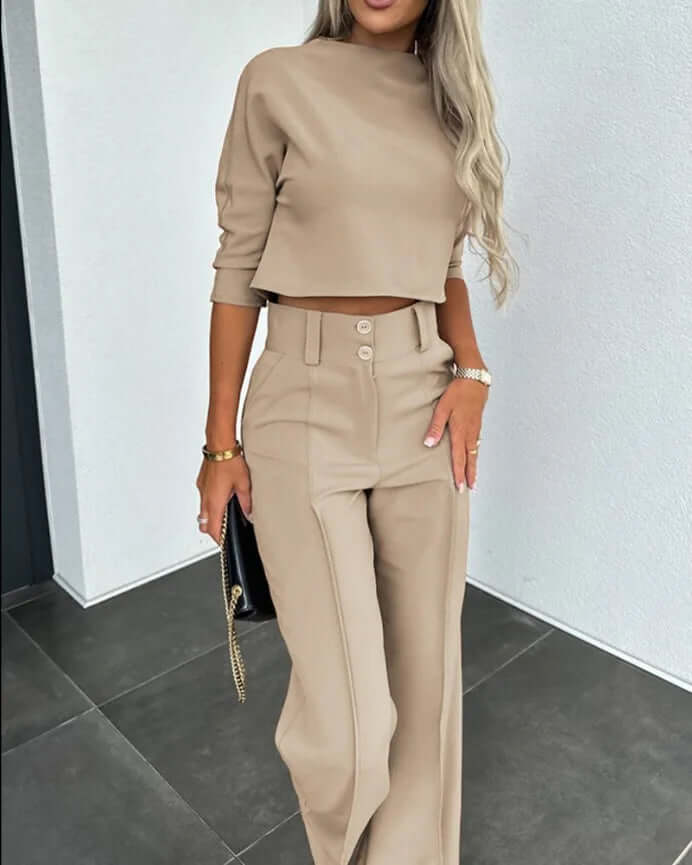 Zeyra Set – Tweedelige Dames Set met Hoge Hals Top en Wijde Pijpen Broek