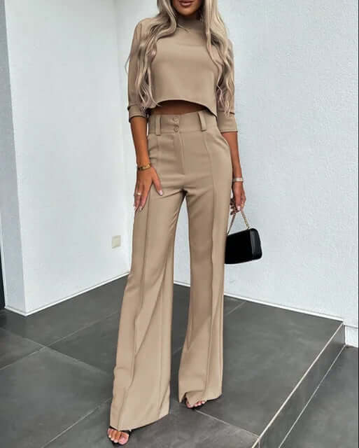Zeyra Set – Tweedelige Dames Set met Hoge Hals Top en Wijde Pijpen Broek
