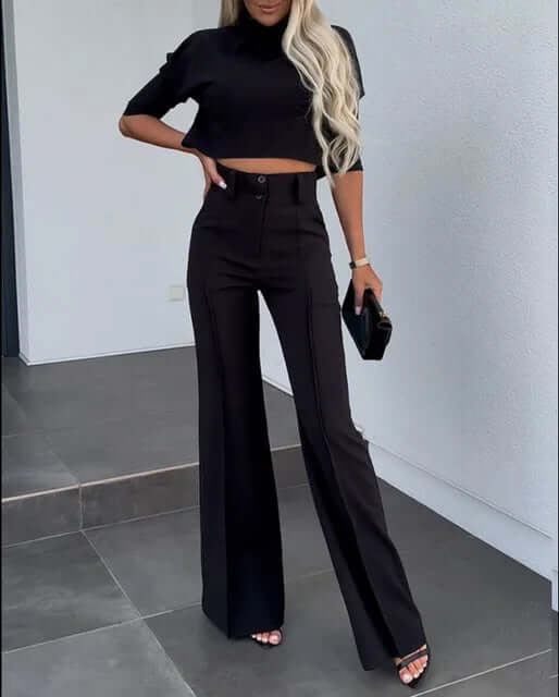 Zeyra Set – Tweedelige Dames Set met Hoge Hals Top en Wijde Pijpen Broek