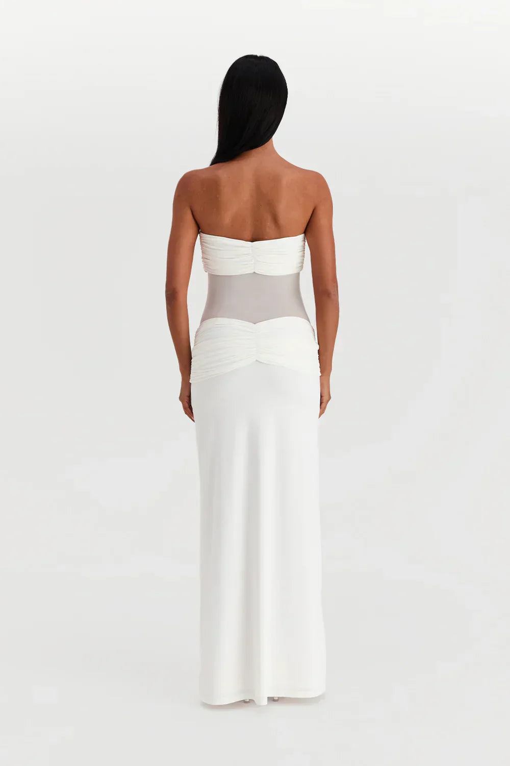 Dames mesh maxi jurk met plooien – 2-in-1 strapless of met bandjes