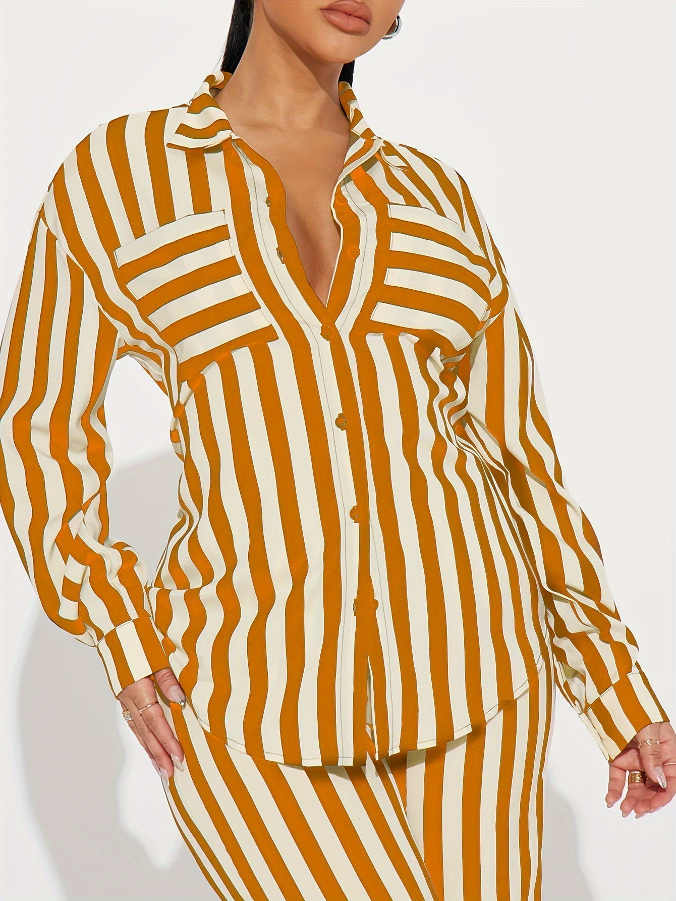Marcelline Set – Gestreepte Tweedelige Set met Overhemd en Wijde Broek