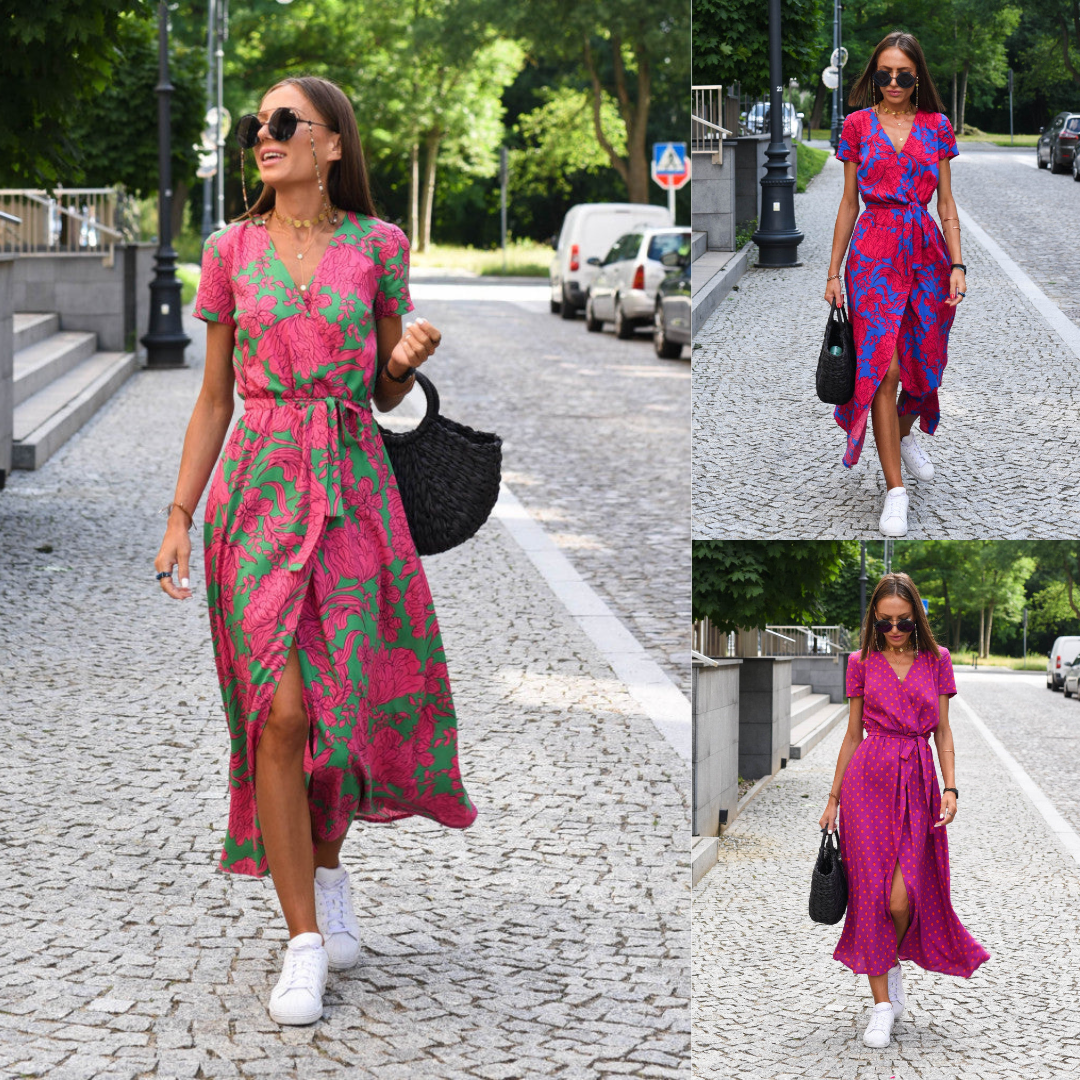 Floravienne – Zomerse bloemenjurk met diepe V-hals en hoge split
