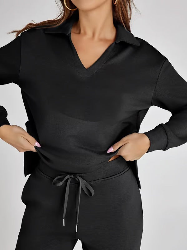 Nerina Set – Dames Tweedelige Lounge Set met V-hals Sweater en Wijde Broek