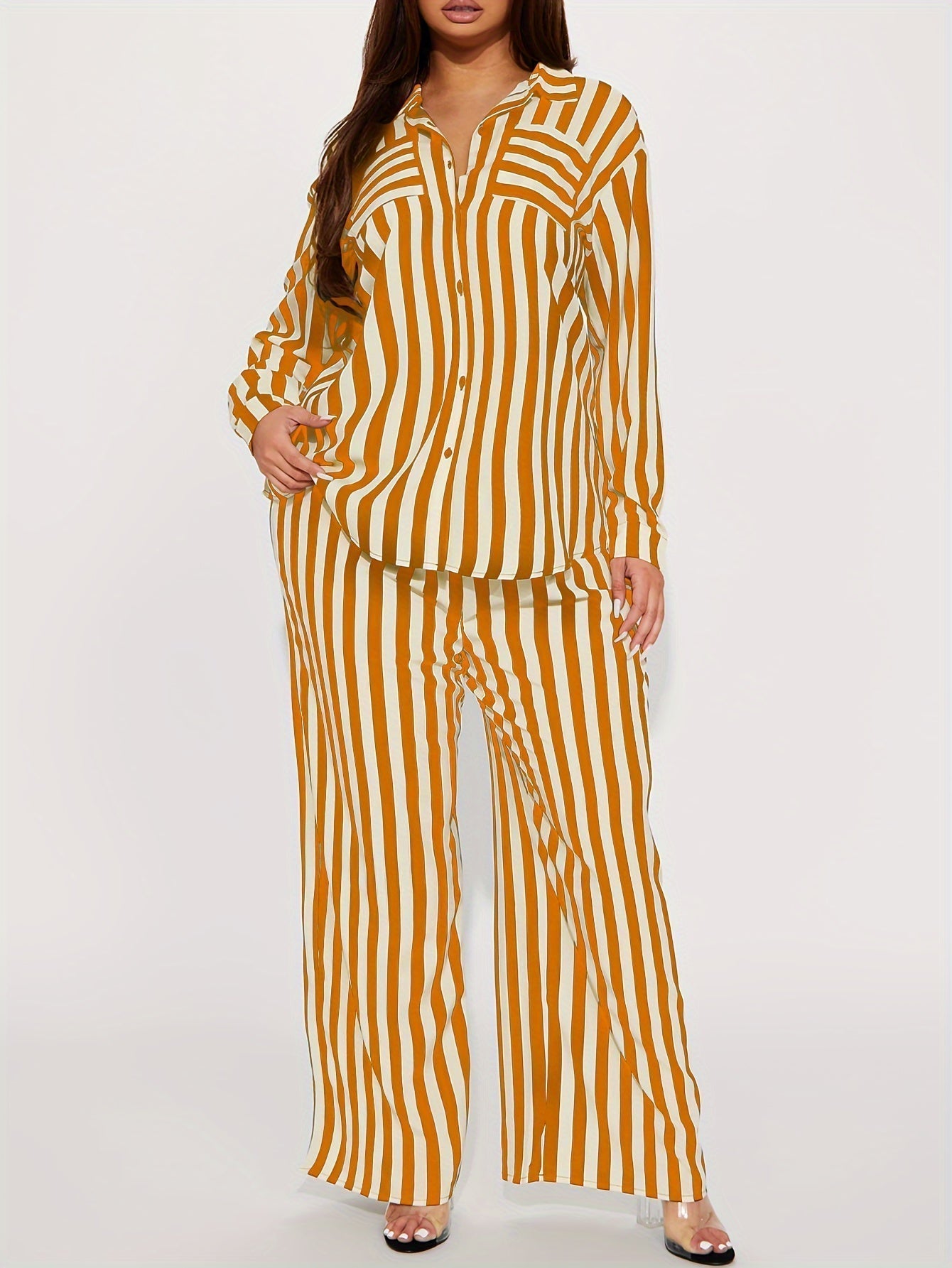 Marcelline Set – Gestreepte Tweedelige Set met Overhemd en Wijde Broek