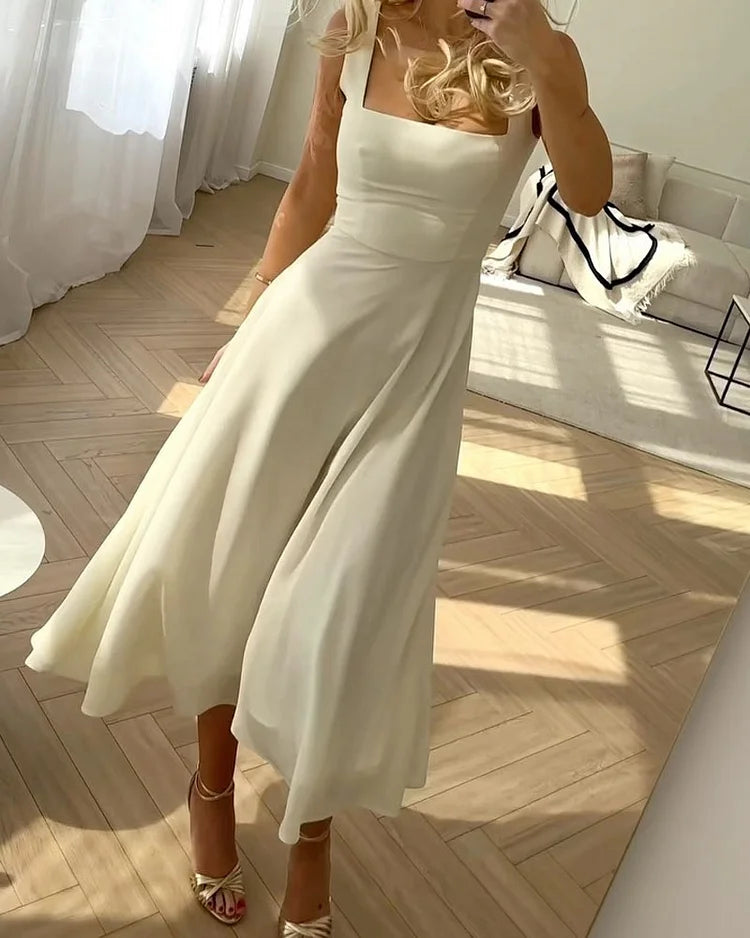 Dames chiffon jurk met vierkante hals – luchtig, elegant en tijdloos