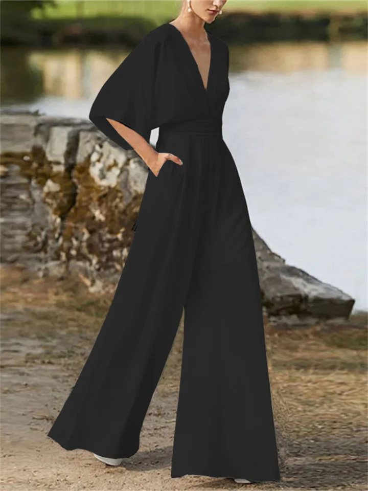 Aurora - Elegante V-hals Jumpsuit met Wijde Pijpen en Vleermuismouwen voor Dames | Perfect voor Lente en Zomer Outfits