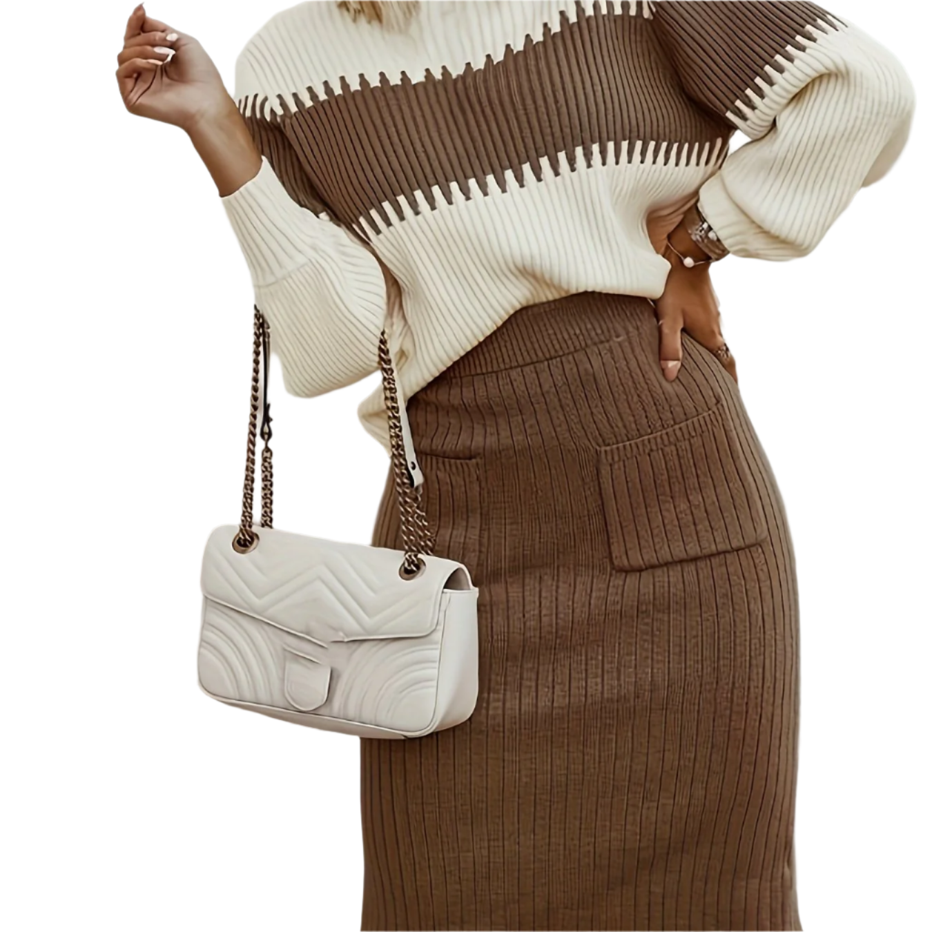 Averelle – Elegante Tweedelige Set met Kleurblok Trui & Midi-Rok, Chic en Comfortabel voor Herfst/Winter