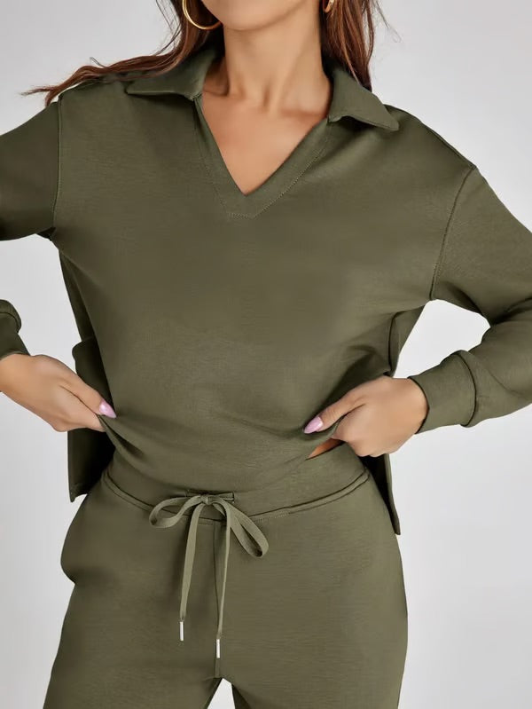 Nerina Set – Dames Tweedelige Lounge Set met V-hals Sweater en Wijde Broek