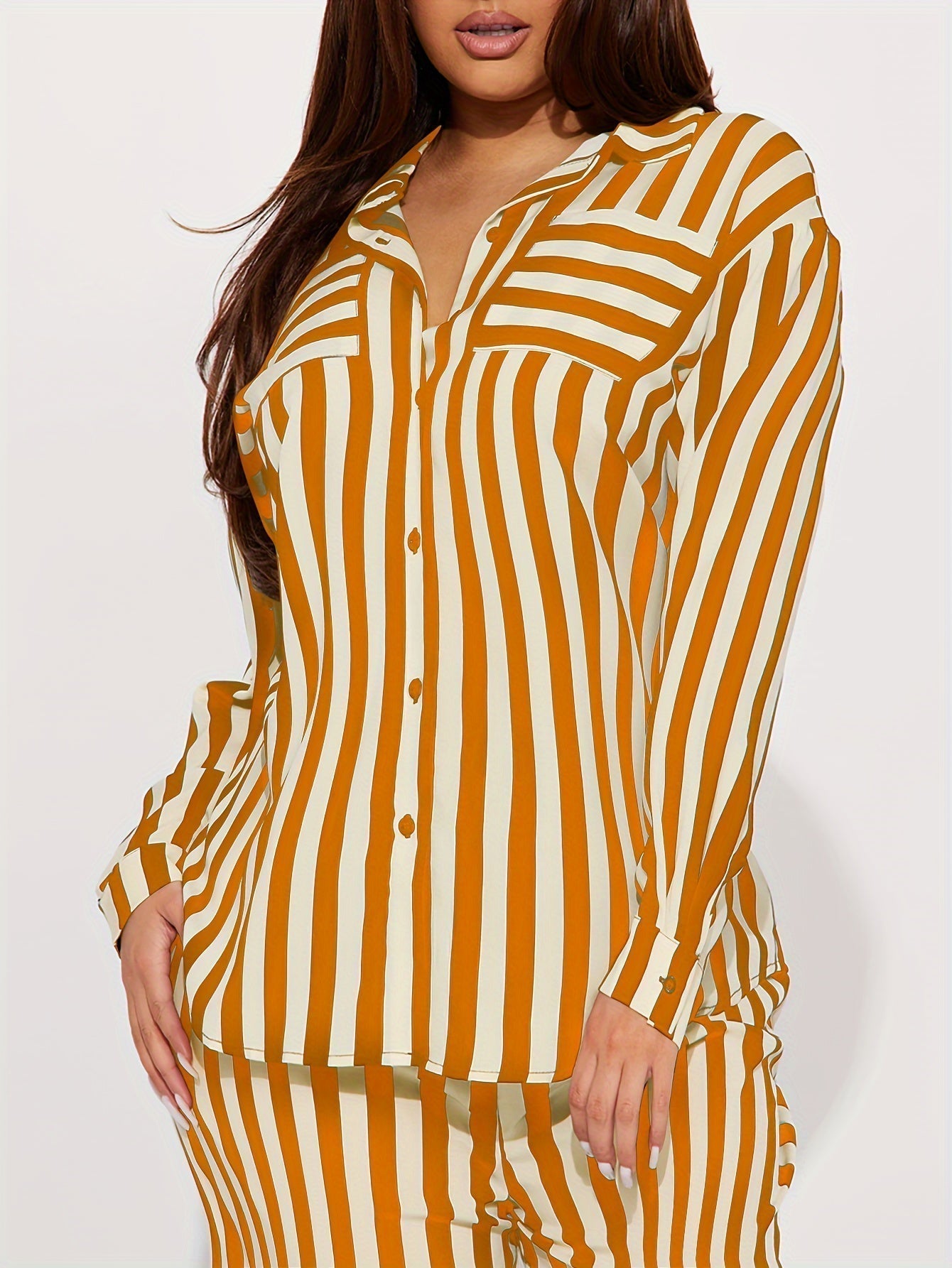 Marcelline Set – Gestreepte Tweedelige Set met Overhemd en Wijde Broek