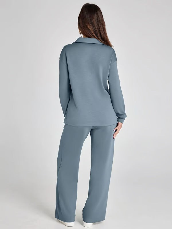 Nerina Set – Dames Tweedelige Lounge Set met V-hals Sweater en Wijde Broek