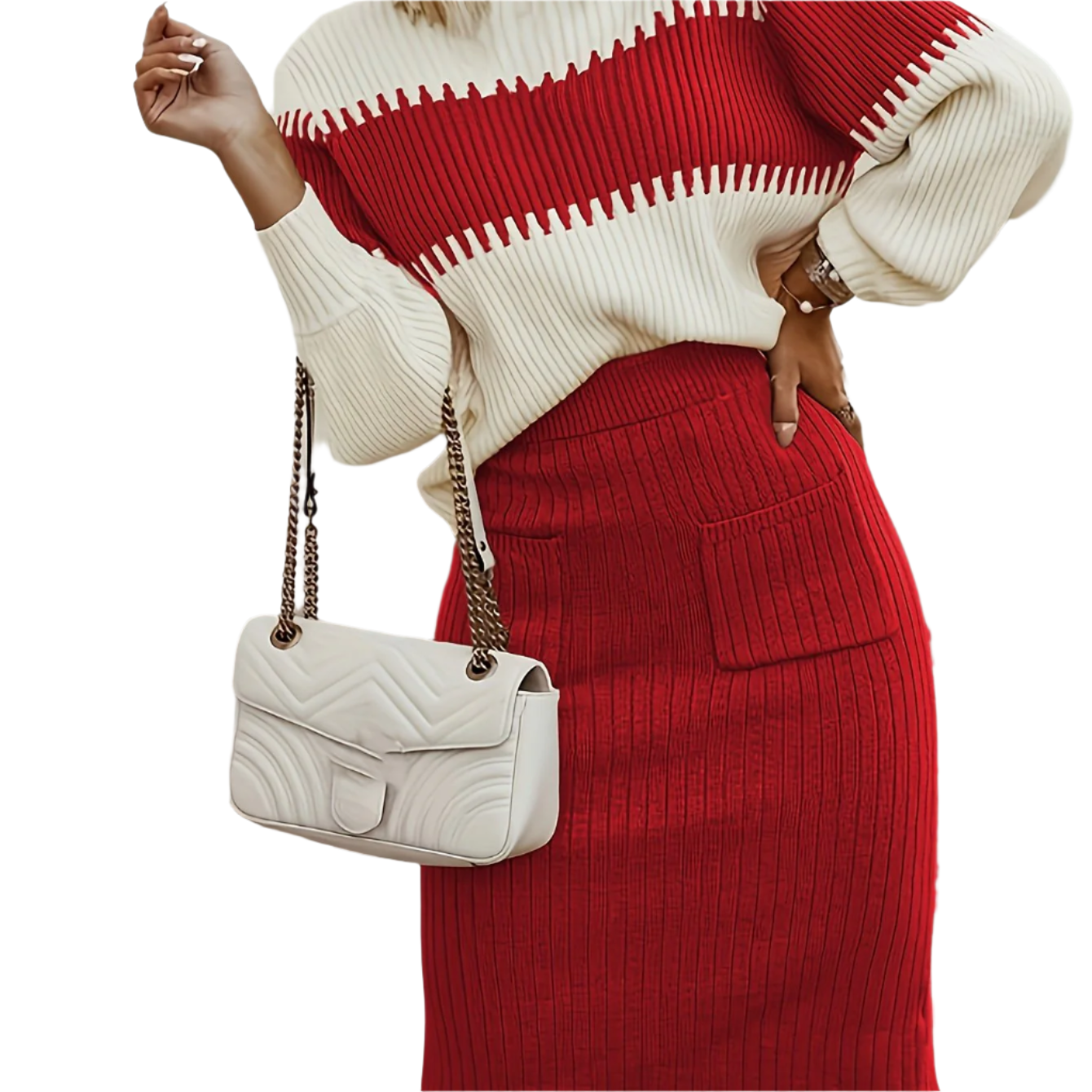 Averelle – Elegante Tweedelige Set met Kleurblok Trui & Midi-Rok, Chic en Comfortabel voor Herfst/Winter