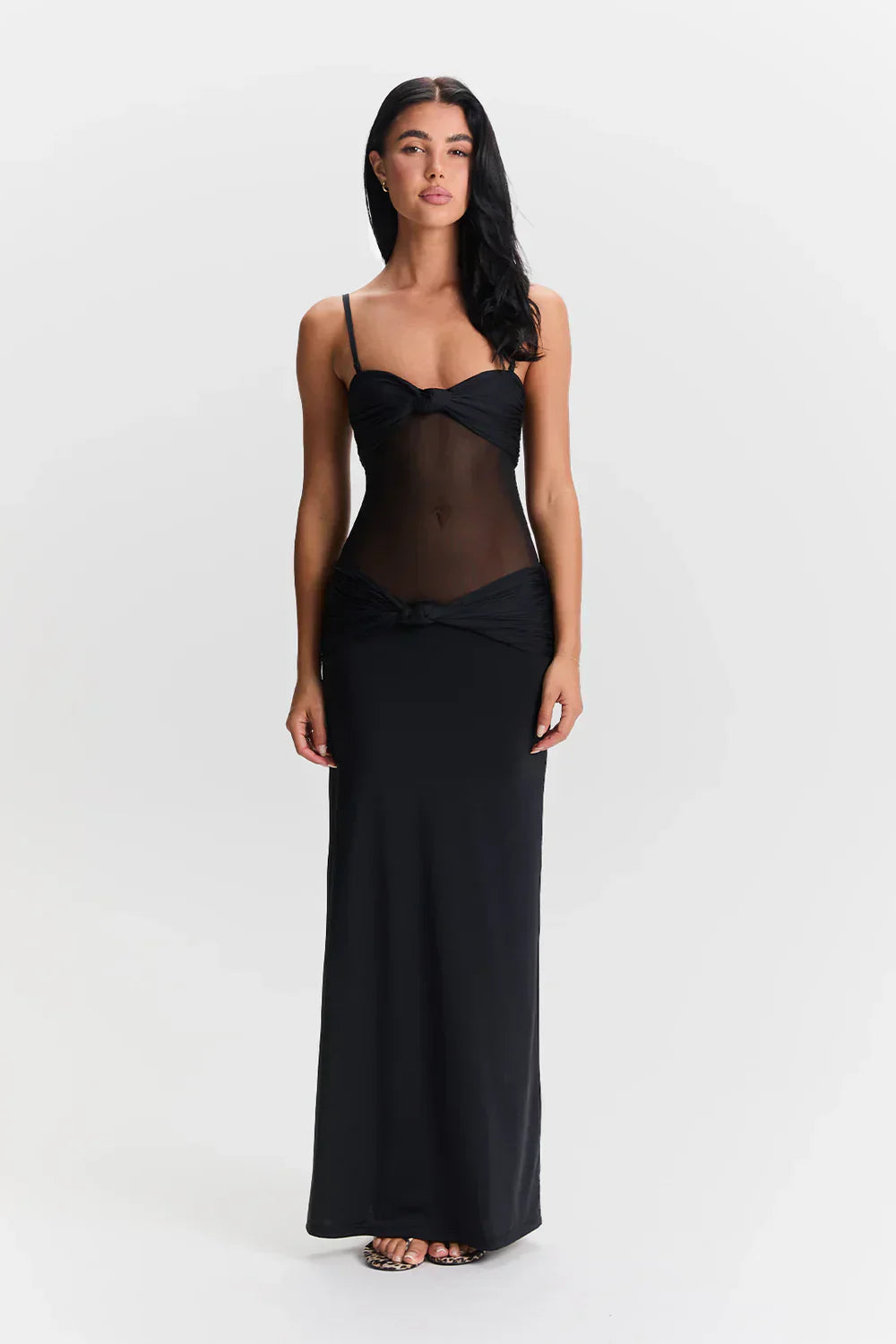 Dames mesh maxi jurk met plooien – 2-in-1 strapless of met bandjes