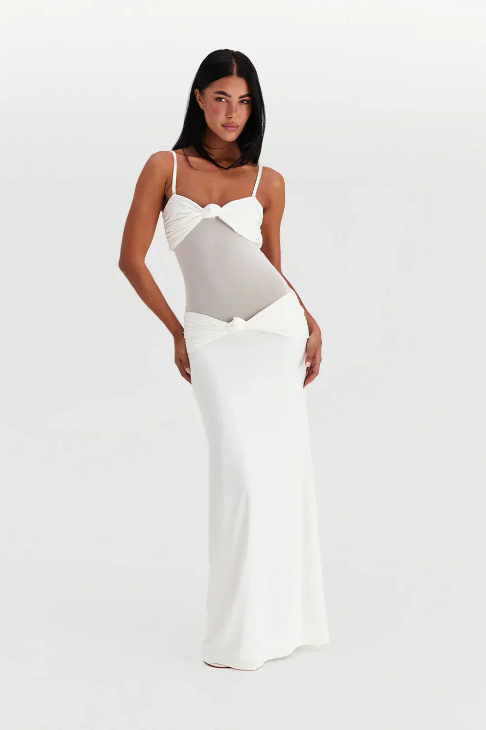 Dames mesh maxi jurk met plooien – 2-in-1 strapless of met bandjes