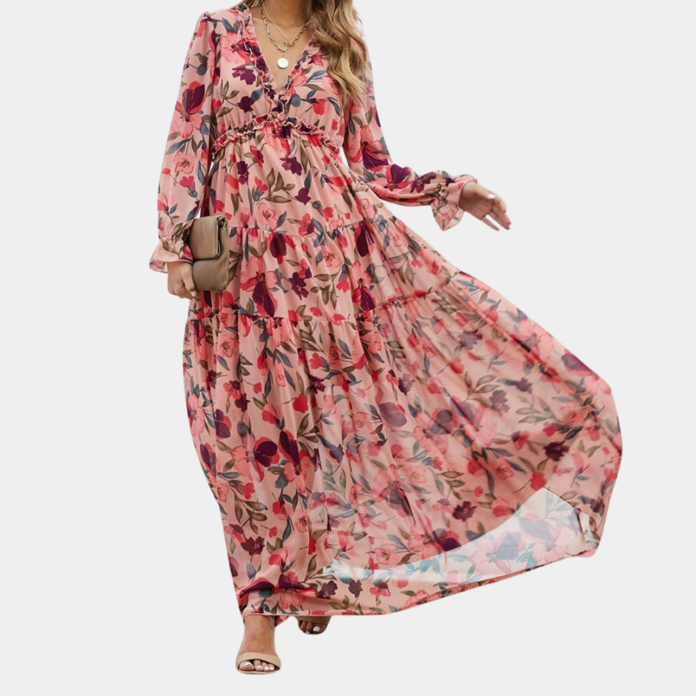 Florena – Lange Damesjurk met Bloemenprint en V-Hals