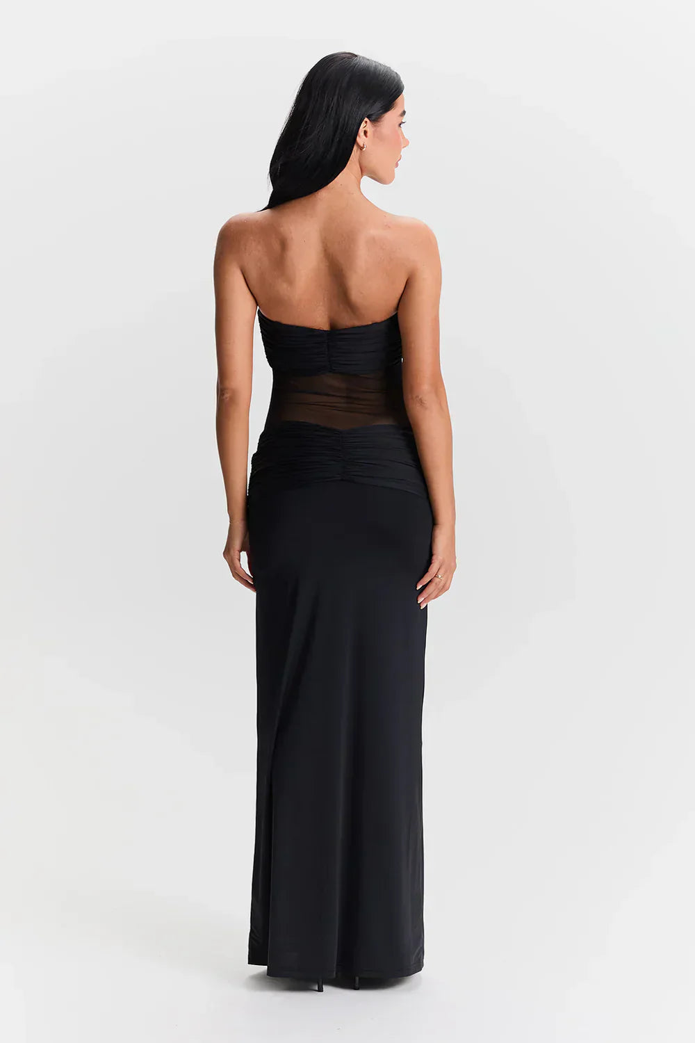 Dames mesh maxi jurk met plooien – 2-in-1 strapless of met bandjes