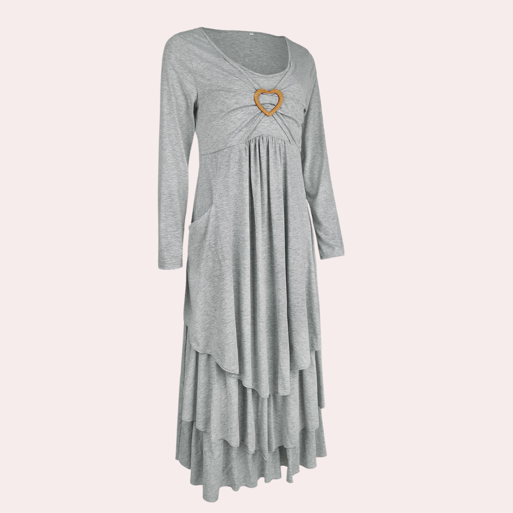 Avanora – Casual Elegante A-lijn Jurk met Ruches en Lange Mouwen