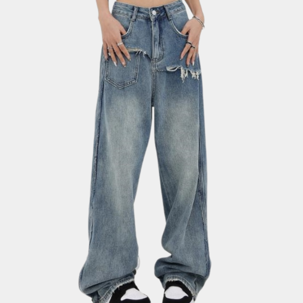 Orivane Dames Baggy Jeans met Dubbele Taille – Trendy en Uniek