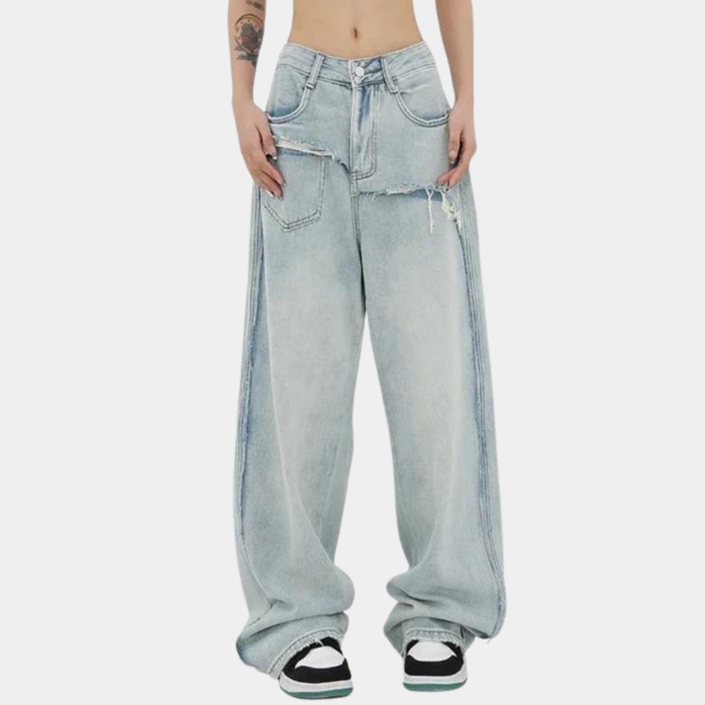 Orivane Dames Baggy Jeans met Dubbele Taille – Trendy en Uniek