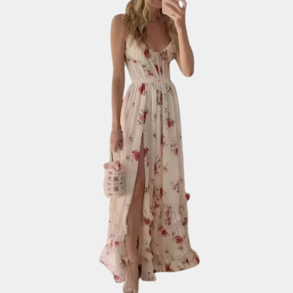 Lioraëlle – mouwloze maxi-jurk met vloeiende lijnen en verfijnde charme
