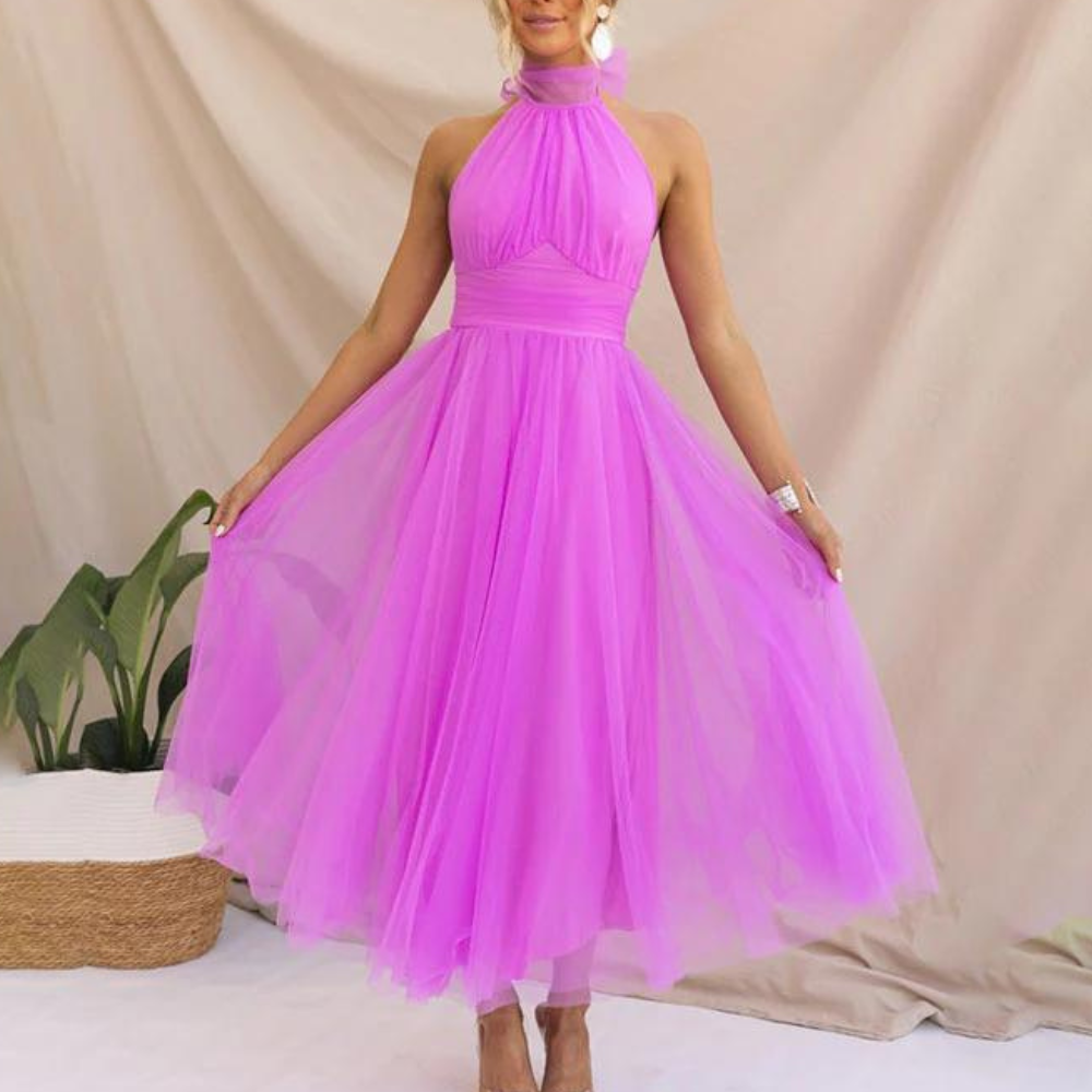 Avenelle – Mouwloze mesh damesjurk met opstaande kraag en elegante pasvorm