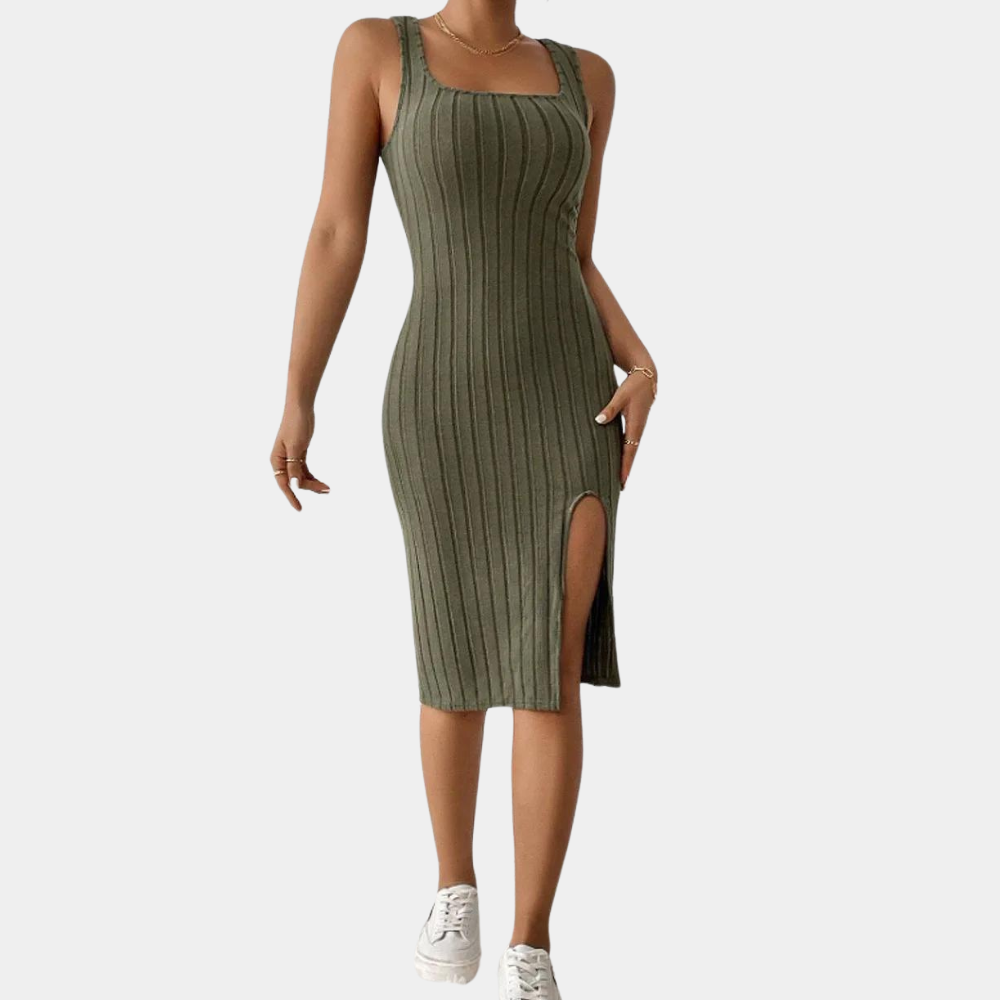Elanisse – Strapless gebreide jurk met elegante voorsplit en verfijnde pasvorm