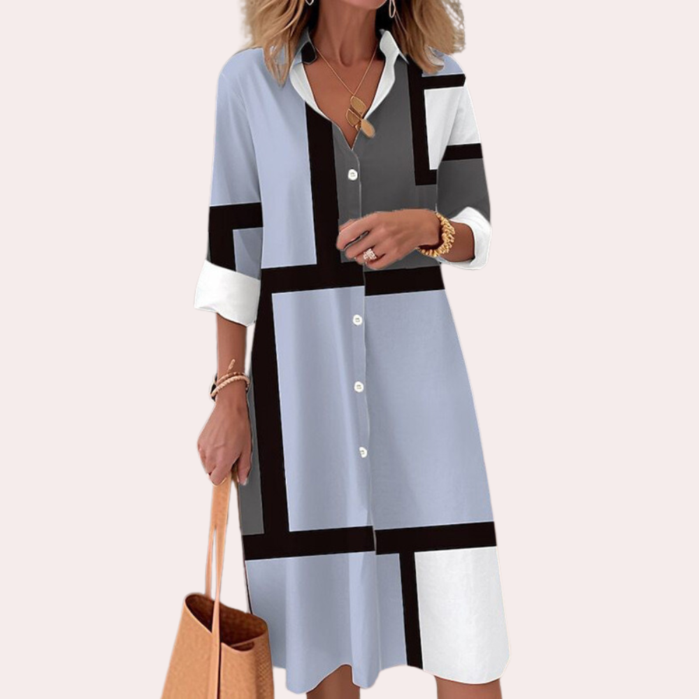 Solmara – Elegante midi-jurk met kraagdetail en verfijnde knoopsluiting