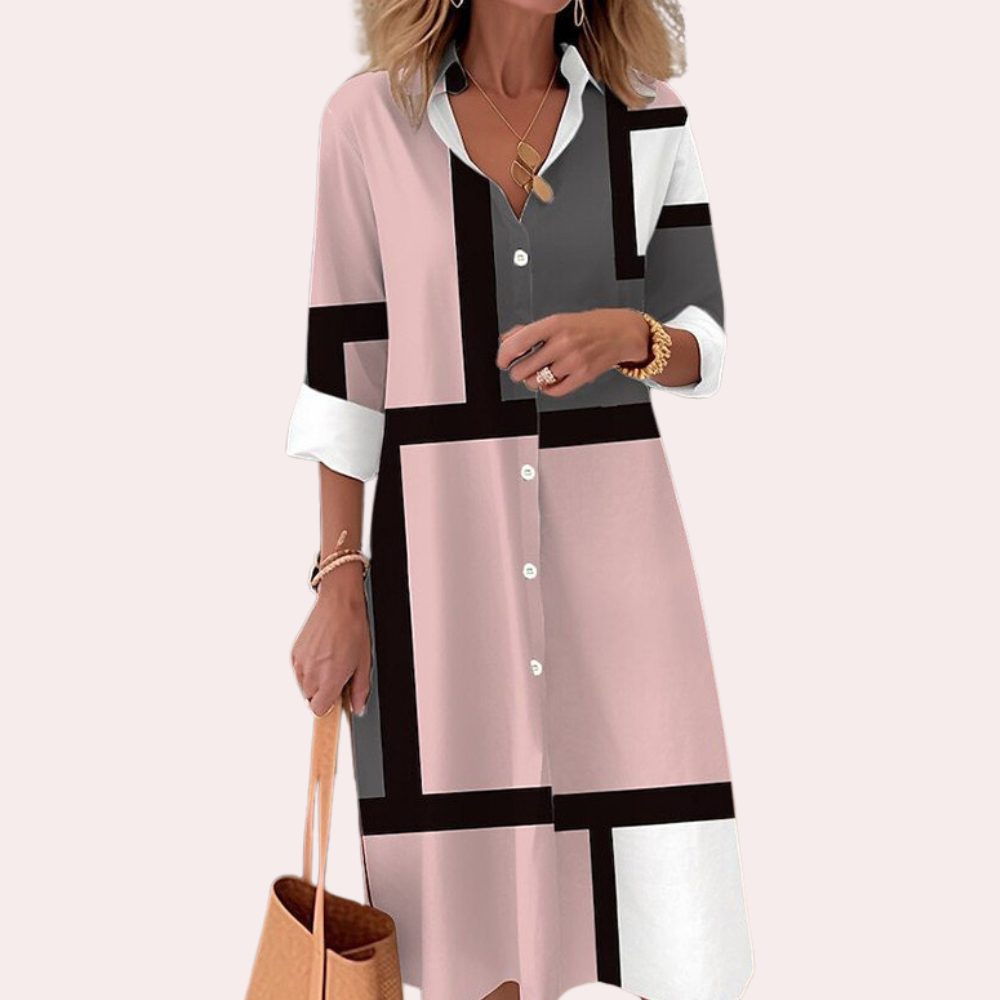 Solmara – Elegante midi-jurk met kraagdetail en verfijnde knoopsluiting