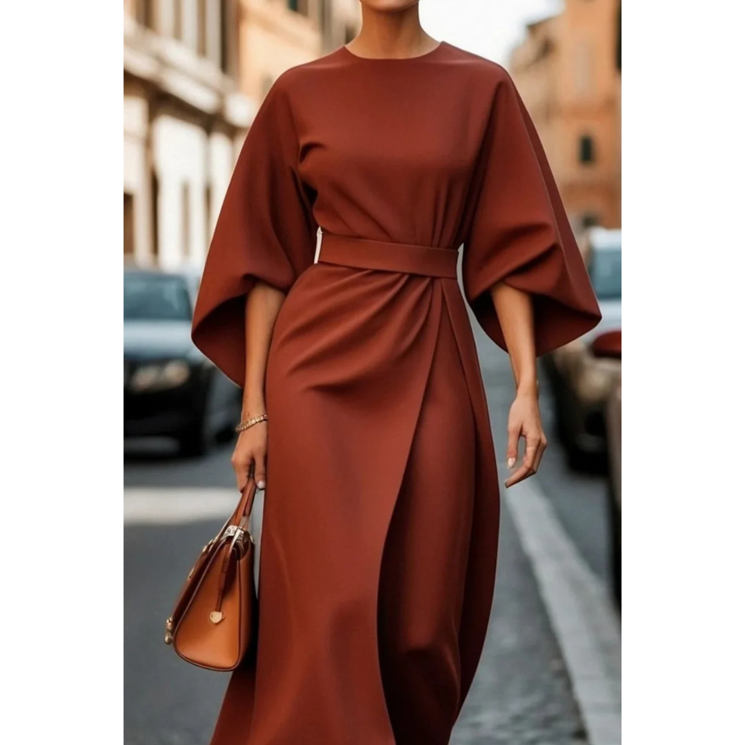 Lunaria - Elegante Jurk met Lantaarnmouwen en Verstelbare Ceintuur voor een Stijlvolle Look