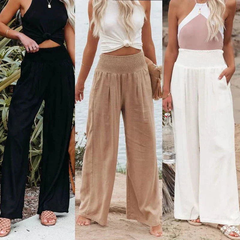 Romiselle – Wijde zomerbroek van katoen met smock taille