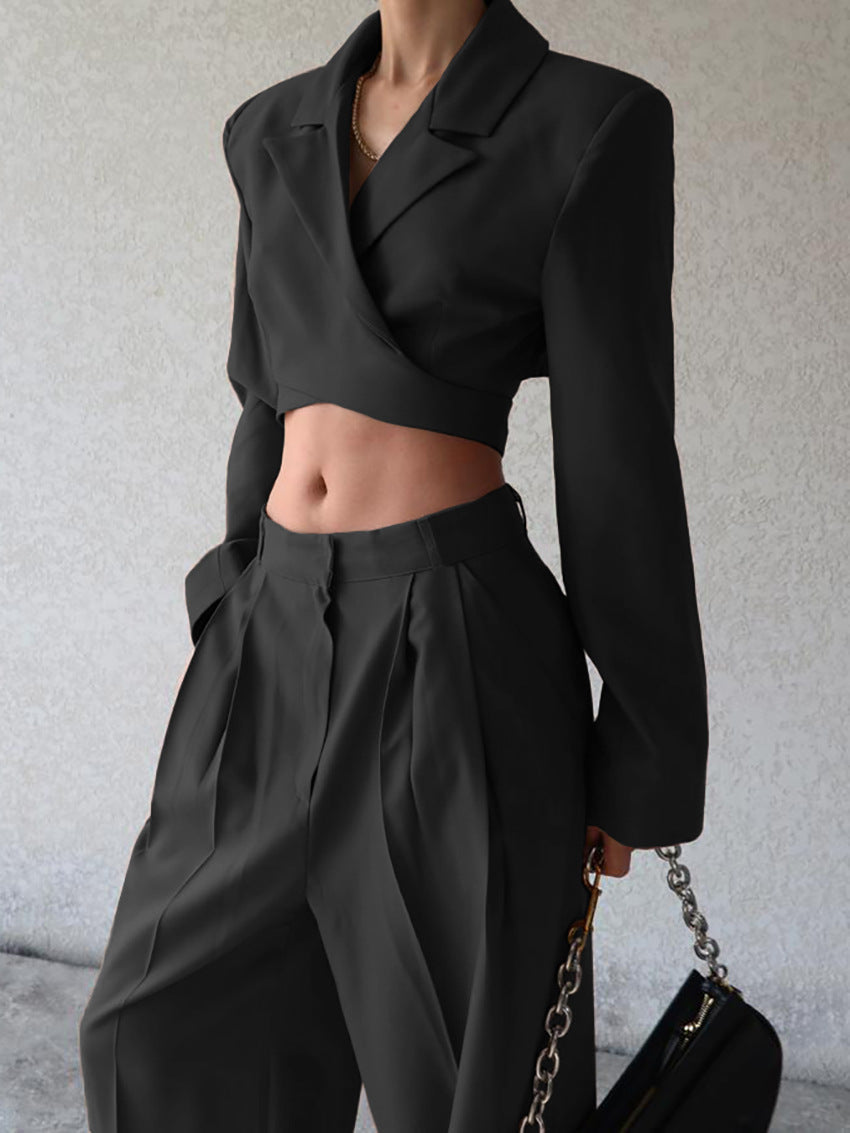 Dames zomer set met cropped blazer en wijde broek – high waist en elegant