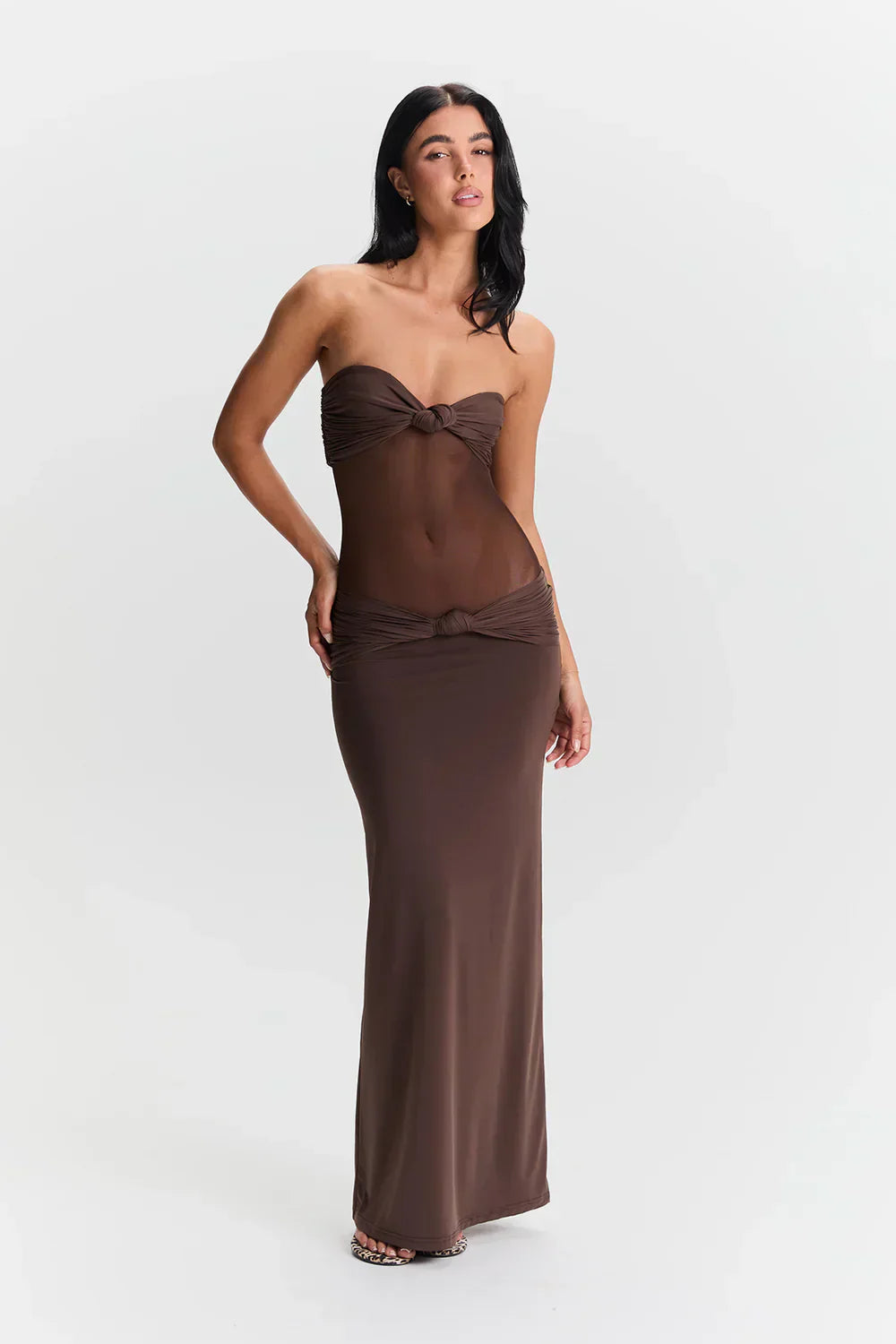 Dames mesh maxi jurk met plooien – 2-in-1 strapless of met bandjes