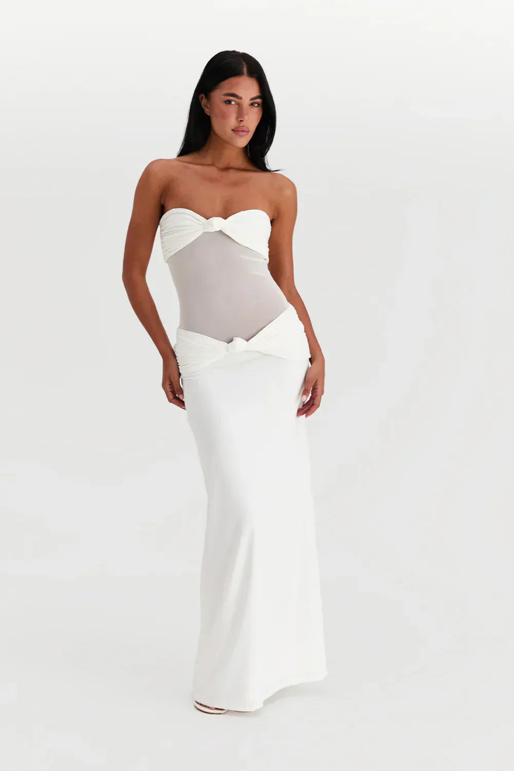 Dames mesh maxi jurk met plooien – 2-in-1 strapless of met bandjes