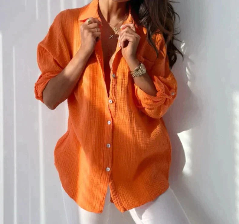 Amara - Lichtgroene Katoen-Linnen Blouse met Korte Mouwen voor Dames, Perfect voor de Zomer