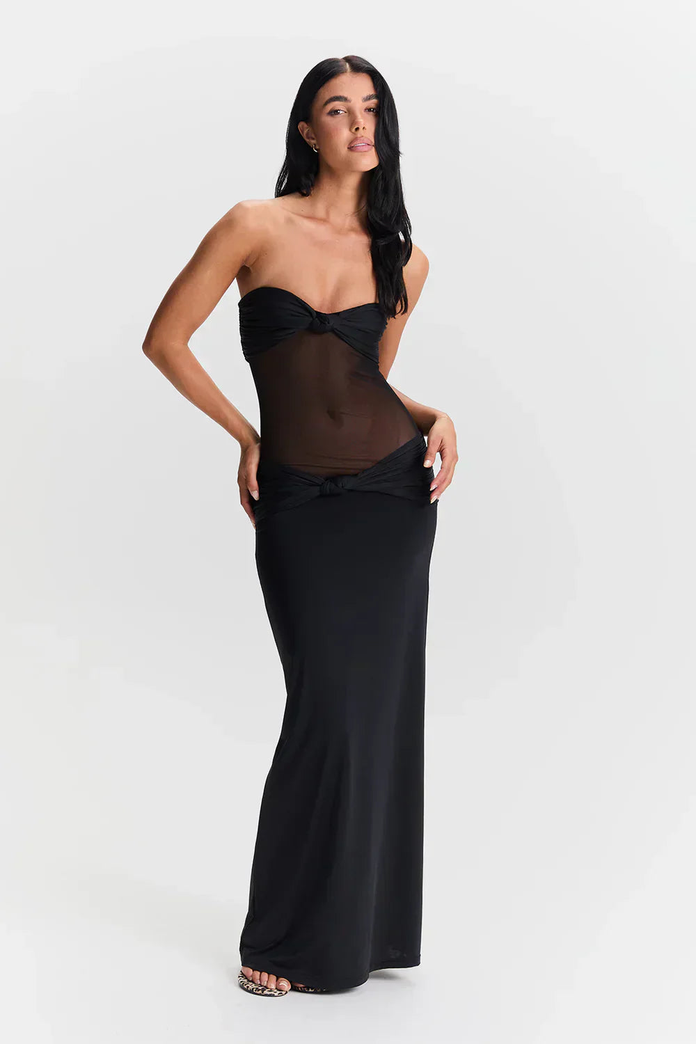 Dames mesh maxi jurk met plooien – 2-in-1 strapless of met bandjes
