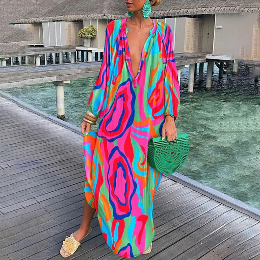 Iselora – Luchtige boho zomerjurk met lange mouwen en ontspannen charme