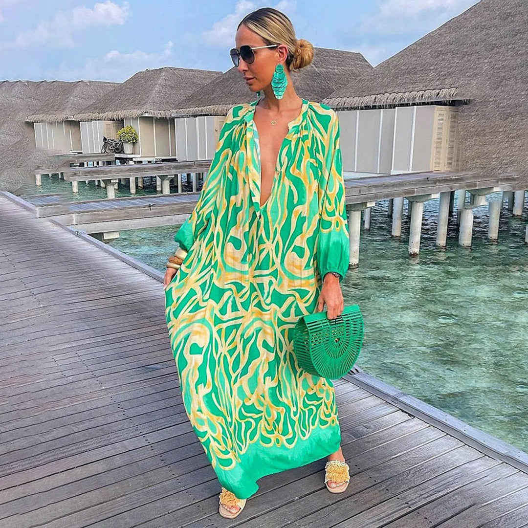 Iselora – Luchtige boho zomerjurk met lange mouwen en ontspannen charme