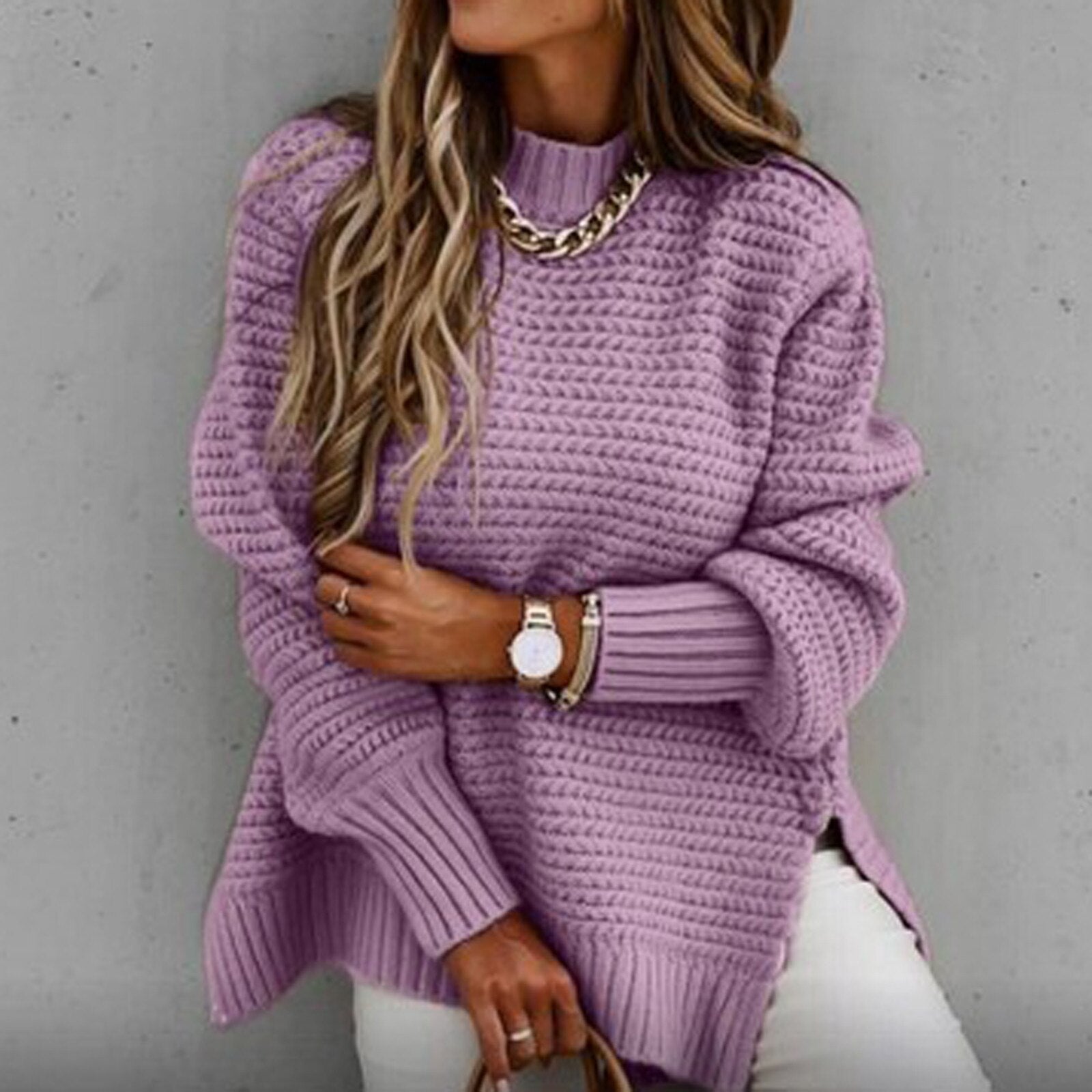 Marilou – Elegante gebreide damespullover met halfhoge hals en zijsplitten