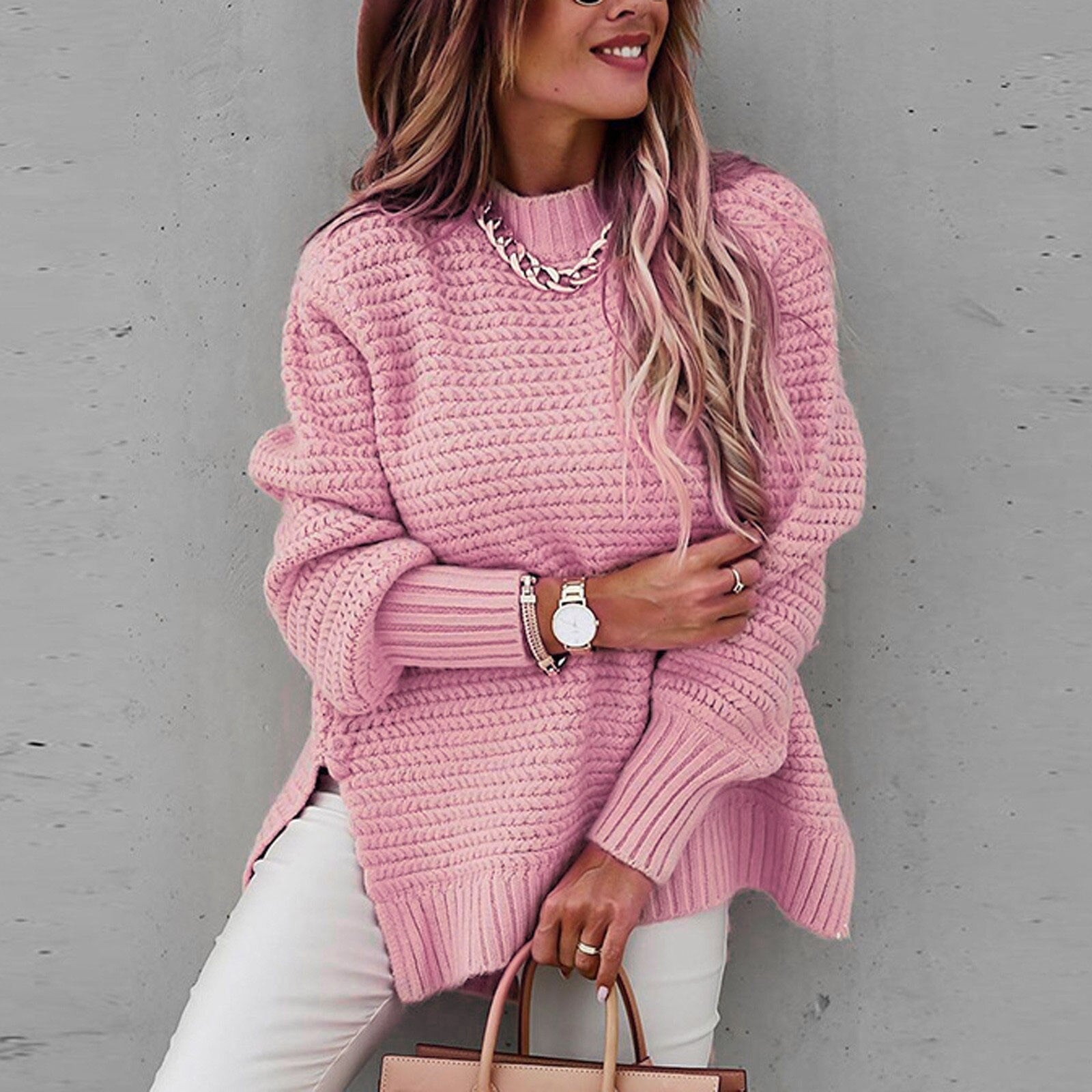 Marilou – Elegante gebreide damespullover met halfhoge hals en zijsplitten