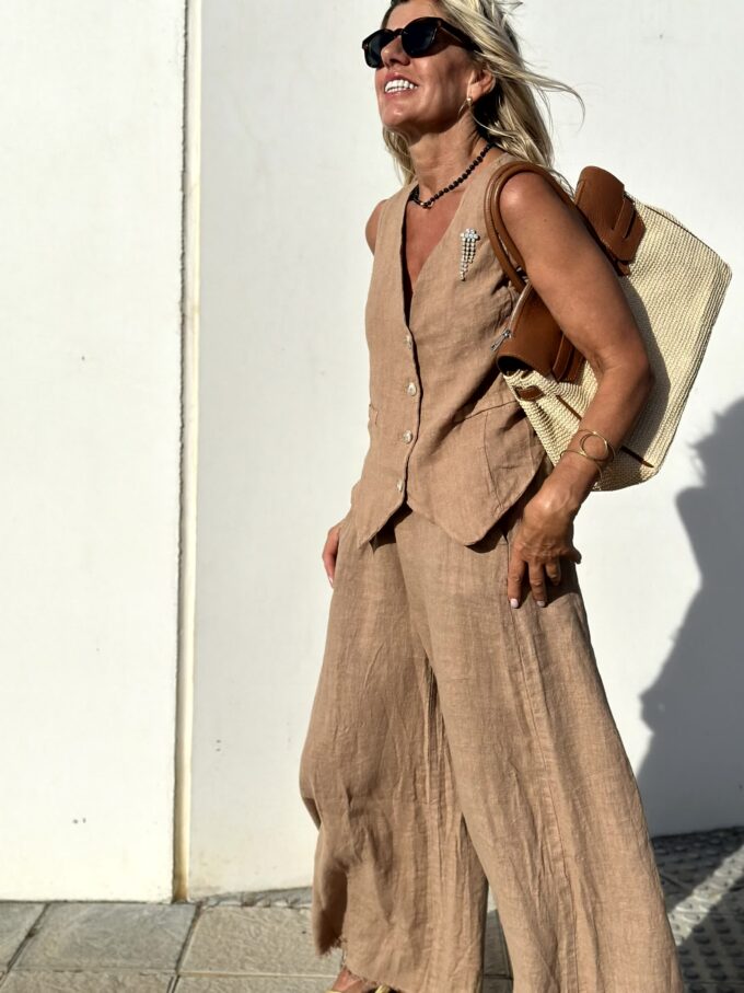 Calista - Elegante Bruine Linnen Gilet en Broek Set voor Dames | Perfect voor Lente- en Zomeroutfits