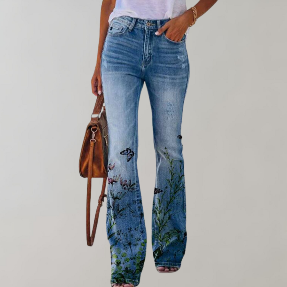 Rivka Flare – Trendy flare broek met levendige prints en comfy fit