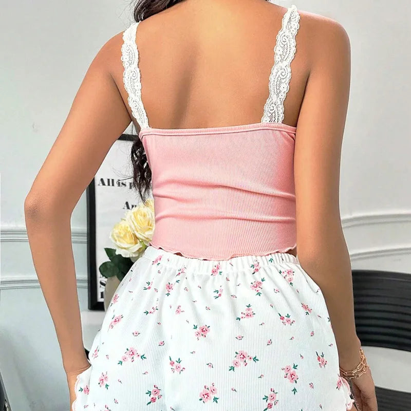 Lunira – Dames loungewear set met kanten top en bloemenprint short