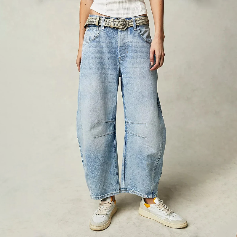 Dames balloon broek met wijde pijpen en stretch – lage taille