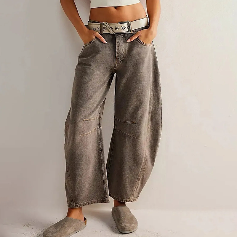 Dames balloon broek met wijde pijpen en stretch – lage taille