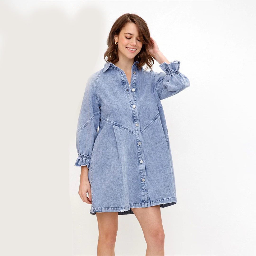 Lenavie – Vintage overhemdjurk van denim met lantaarnmouwen en nonchalante charme