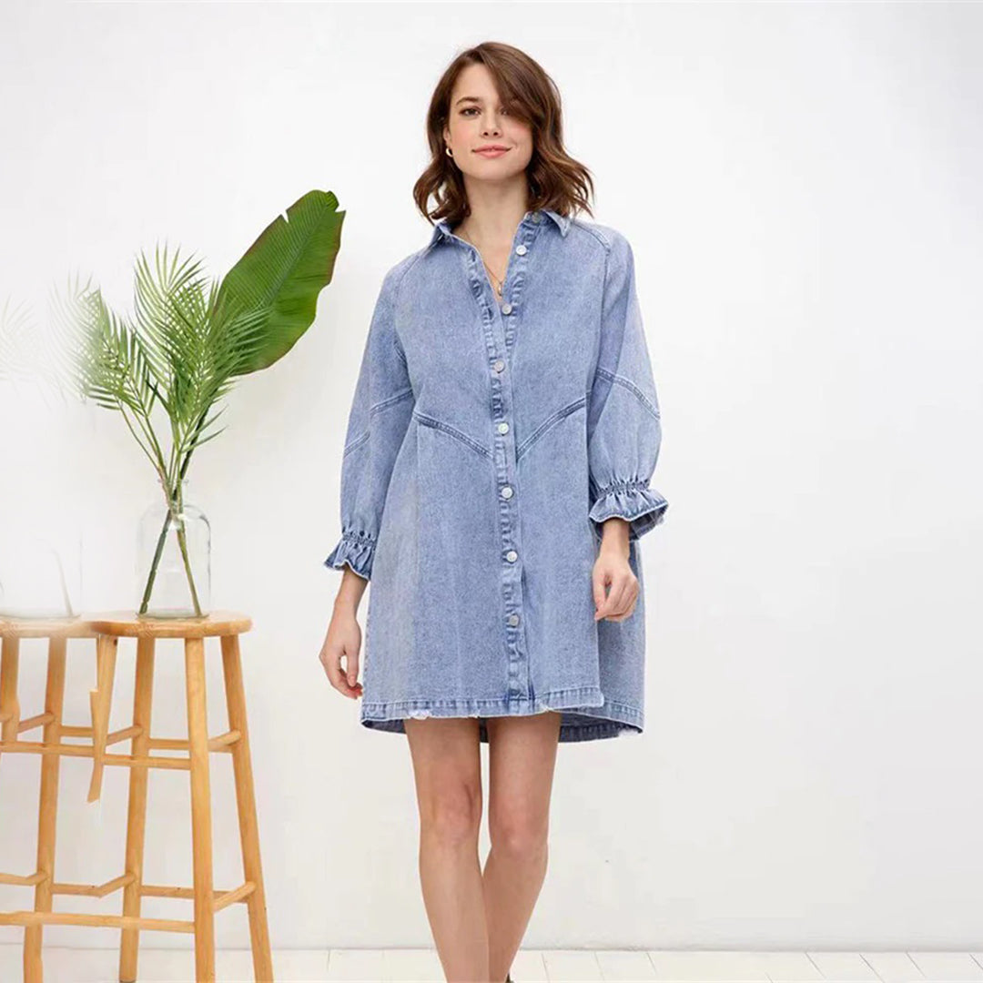 Lenavie – Vintage overhemdjurk van denim met lantaarnmouwen en nonchalante charme