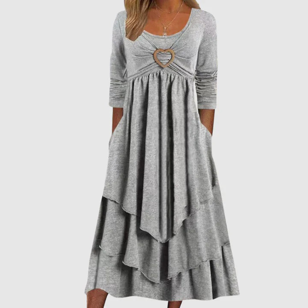 Avanora – Casual Elegante A-lijn Jurk met Ruches en Lange Mouwen