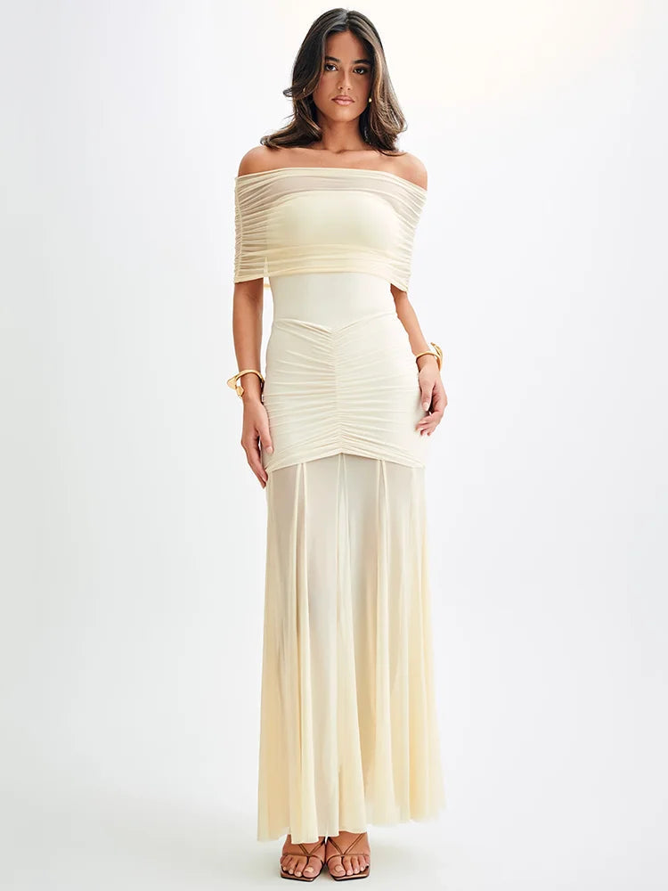 Elegante off shoulder dames maxi jurk met luxe uitstraling